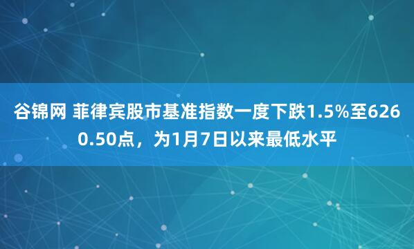 谷锦网 菲律宾股市基准指数一度下跌1.5%至6260.50点，为1月7日以来最低水平